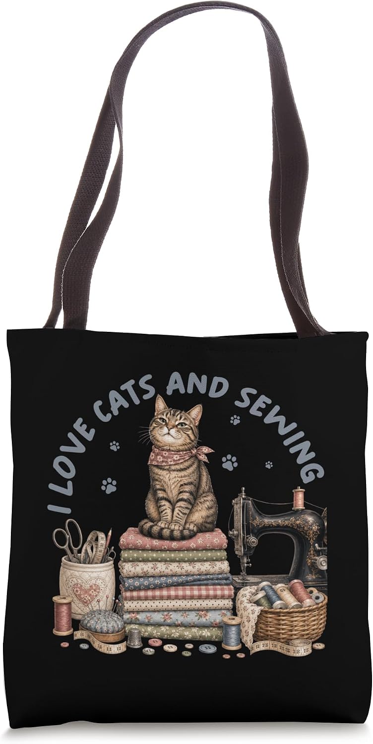 Cozy Sewing Cat Quilting Craft Lover Vintage Design Tote Bag