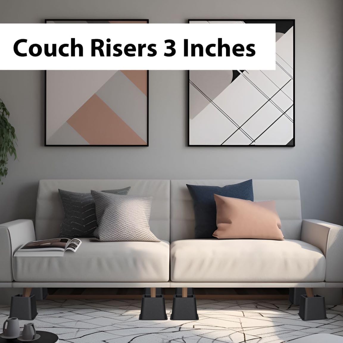 Bed Furniture Risers 3 Inches, Heavy Duty Bed Lifts in Heights of 3 Inches, Furniture Risers for Bed, Couch, Desk, Sofa, Chair, Table Legs Extenders (Pack of 6, Black)