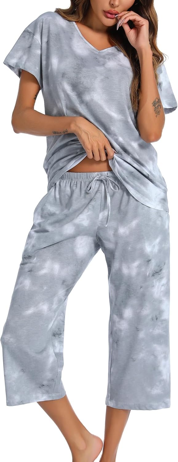 ENJOYNIGHT Women Tie Dye Pajama Set Short Sleeve Top with Capri Pants Pjs image 2