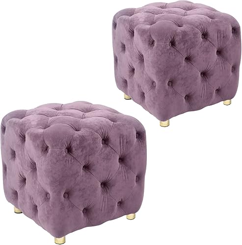 Miniatura 8 de Reposapiés otomano tapizado de terciopelo, moderno taburete cuadrado con decoración de botones, cómodo reposapiés copetudo para sala de estar,