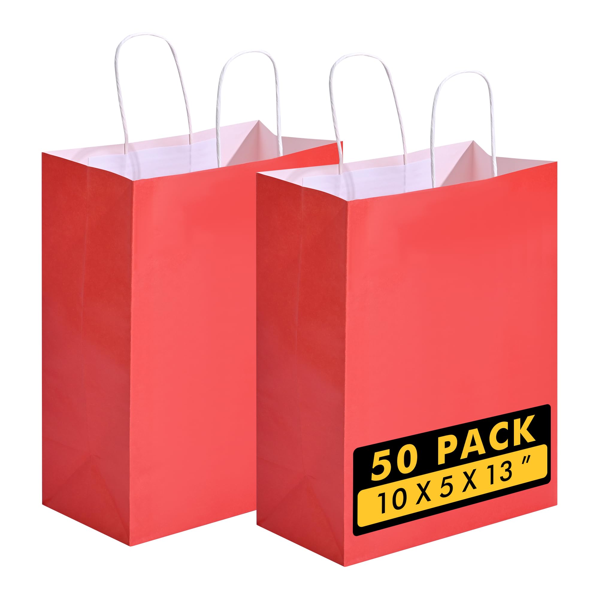 RACETOP 50 bolsas de papel kraft de 10 x 5 x 13 pulgadas, bolsas de papel rojo con asas a granel, bolsa de regalo de papel reciclado para regalos de fiesta de cumpleaños, comestibles, compras