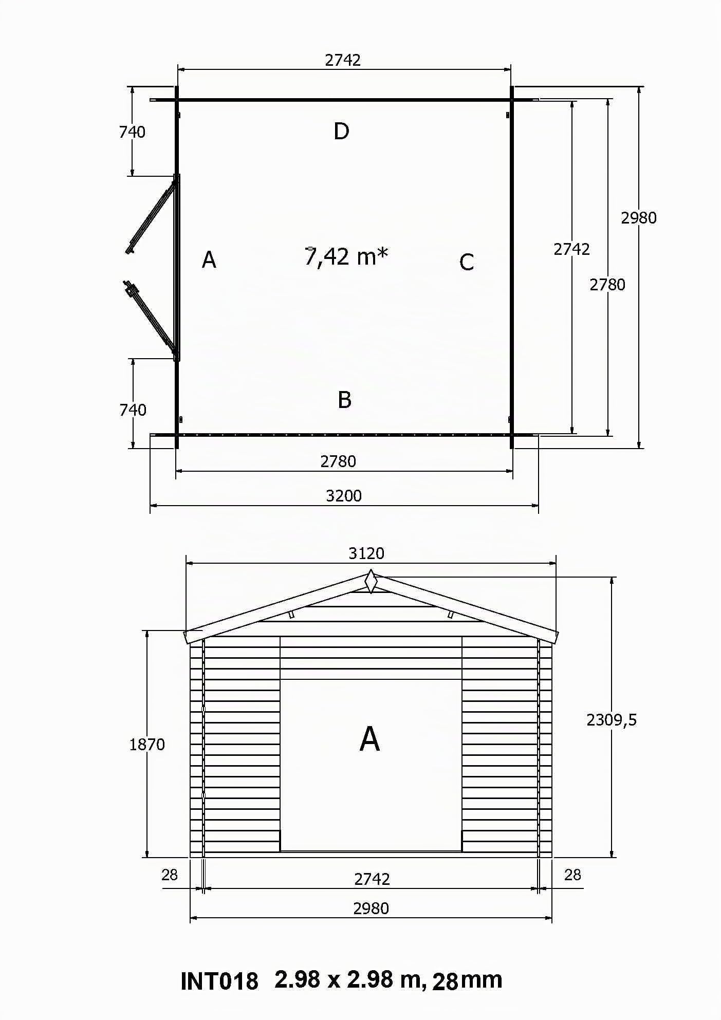 Abri de Jardin en Bois, Surface utile 7.5m², INT018