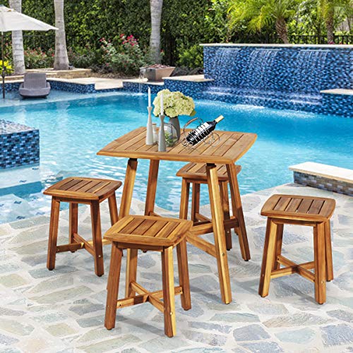 Tangkula 5 Piece Wood Patio Dining Set, Outdoor Dining Furniture W/Square Table & 4 Stools, Garden Conversation Dinging Set For Porch, Backyard, Balcony, Poolside, Reddish Brown #TOP2