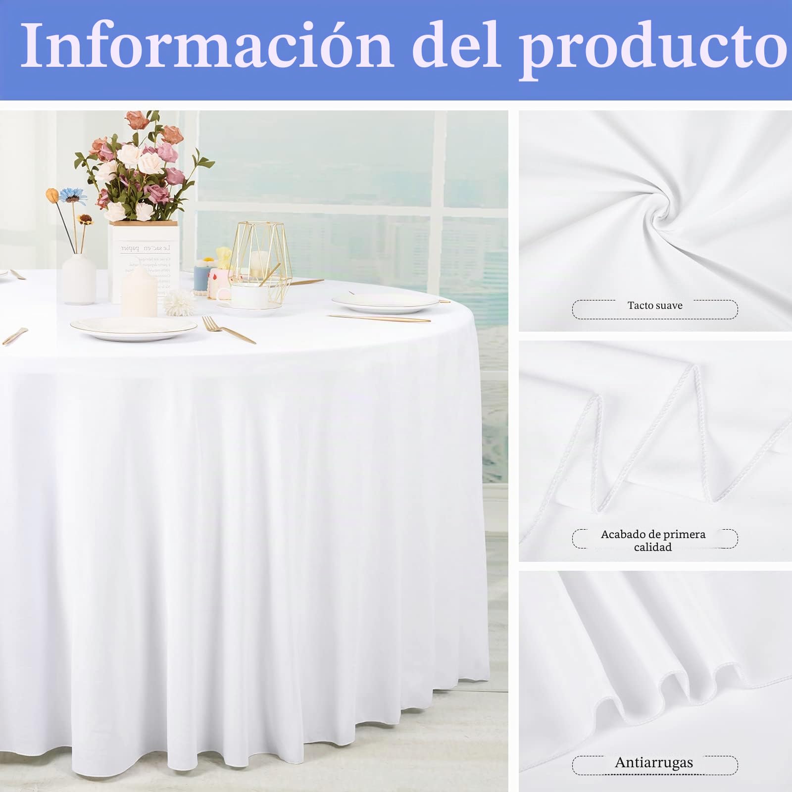 Paquete de 8 Manteles Redondos Blancos de Poliéster 300 cm, Resistentes a Manchas y Pliegues, Reutilizables para Banquetes de Bodas y Cumpleaños | Mantel de poliéster lavable, resistente a las manchas y a las arrugas, para bodas, fiestas, banquetes y even