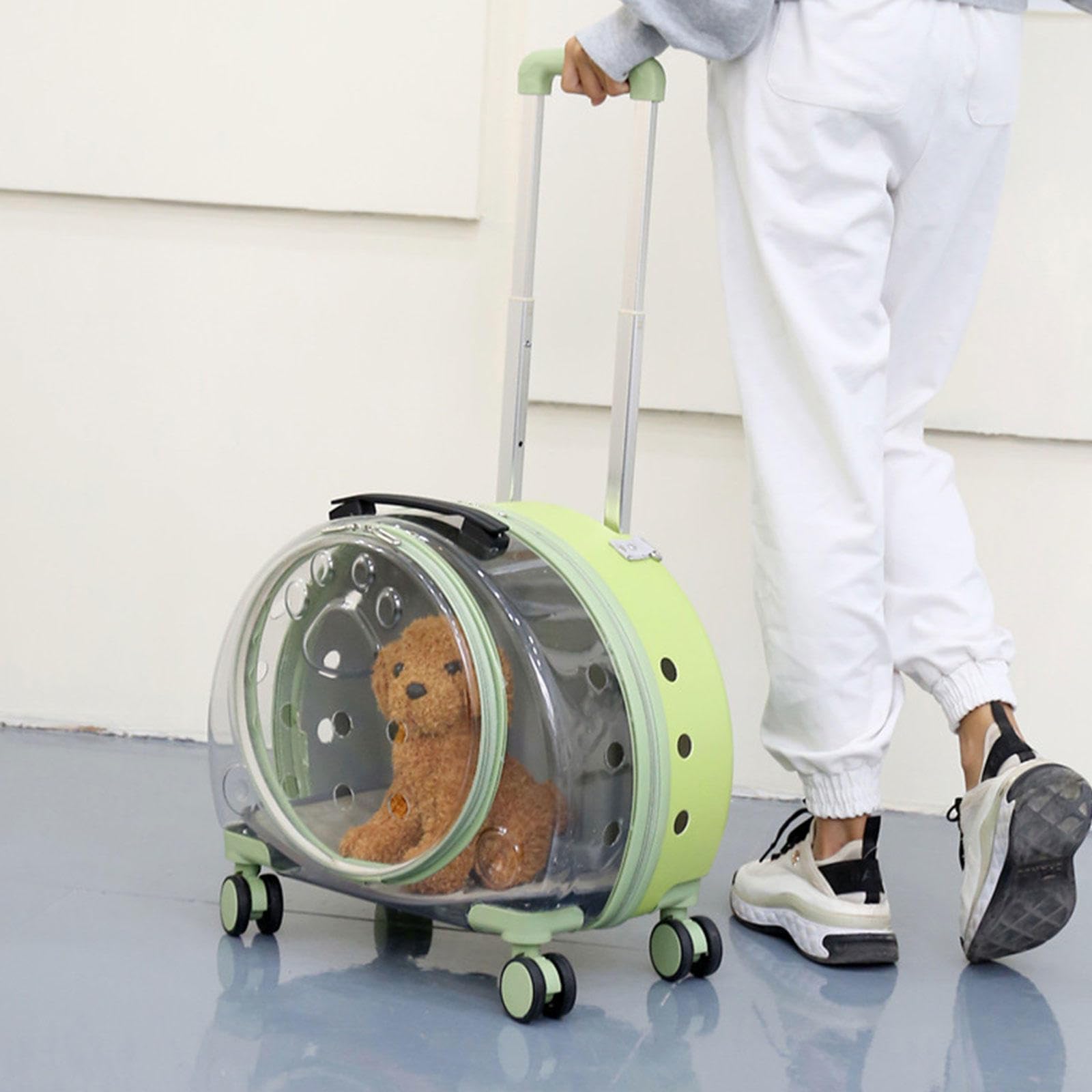 Trasportino per Gatti con Ruote, Trasportino per Cani da Viaggio con Bolle Trasparenti e Respirazione Libera, Trasportino per Gatti Leggero e Rigido,Green A