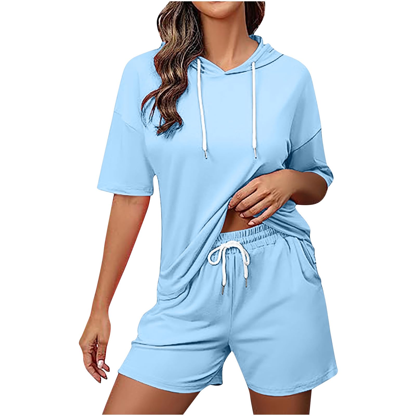 yiouyisheng Chándal para mujer de manga corta con capucha y pantalones cortos, conjunto de dos piezas para mujer, primavera, verano, otoño, trajes de color sólido, chándal deportivo