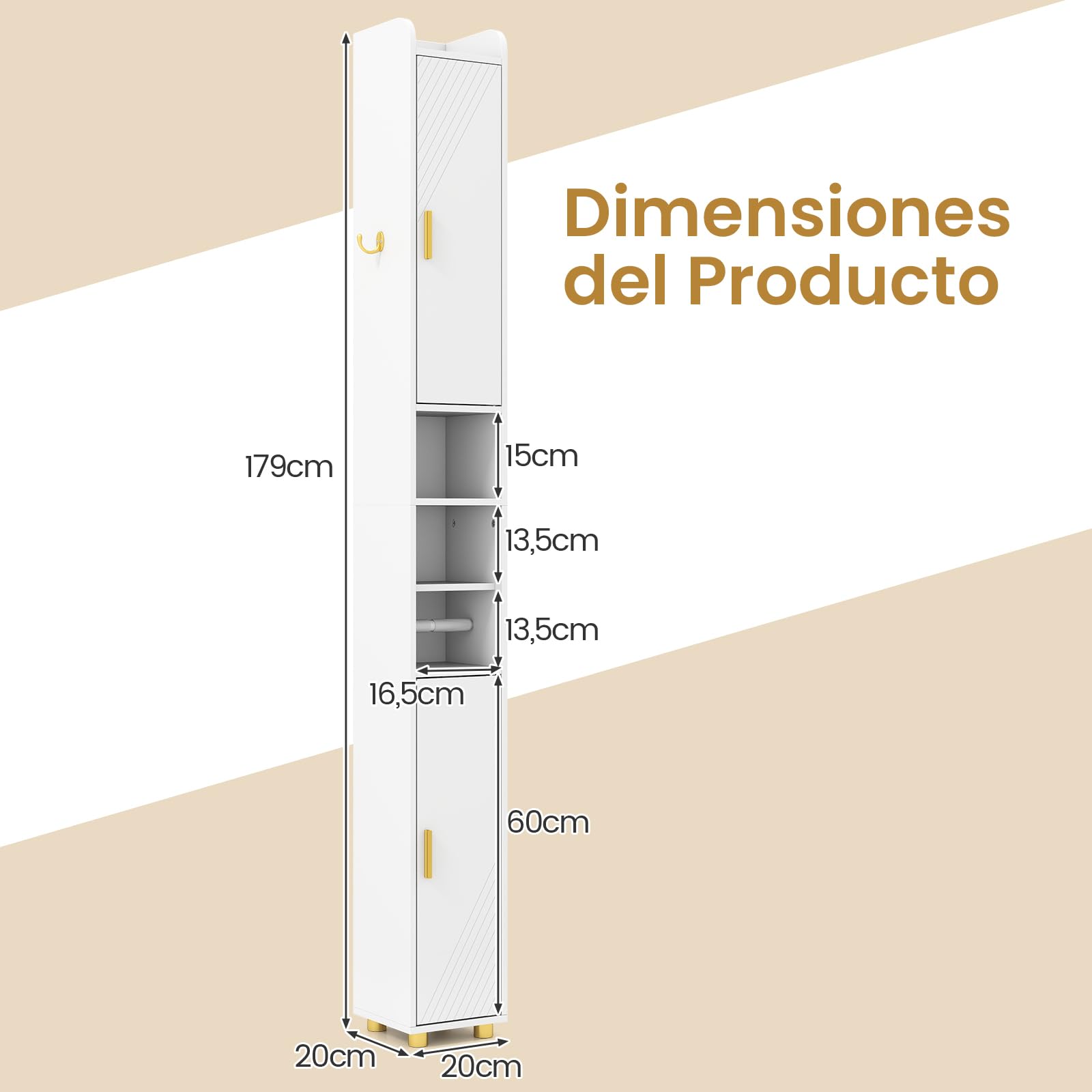 COSTWAY Armario Alto de Baño con 2 Puertas y Estantes Ajustables, Barra para Papel Higiénico y Gancho Lateral, Diseño Antivuelco, Mueble Columna Delgado, 20x20x180 cm(Blanco)