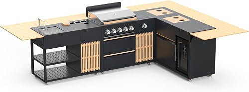 VESTIVIUM Modular Outdoor Kitchen Island with 5+1 Burner LP Grill, Sink, Fridge and Teak Stainless Steel Cabinets VESTIVIUM Modular Outdoor Kitchen Island with 5+1 Burner LP Grill, Sink, Fridge and Teak Stainless Steel Cabinets