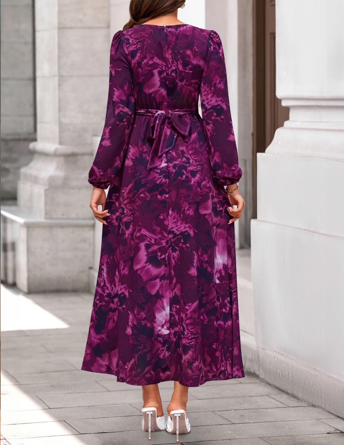 ZESICA Women's Floral Long Sleeve Midi Dresses 2026 Fall Boho V Neck Belted High Wasit Flowy Wedding Cocktail Party Dress - Image 4