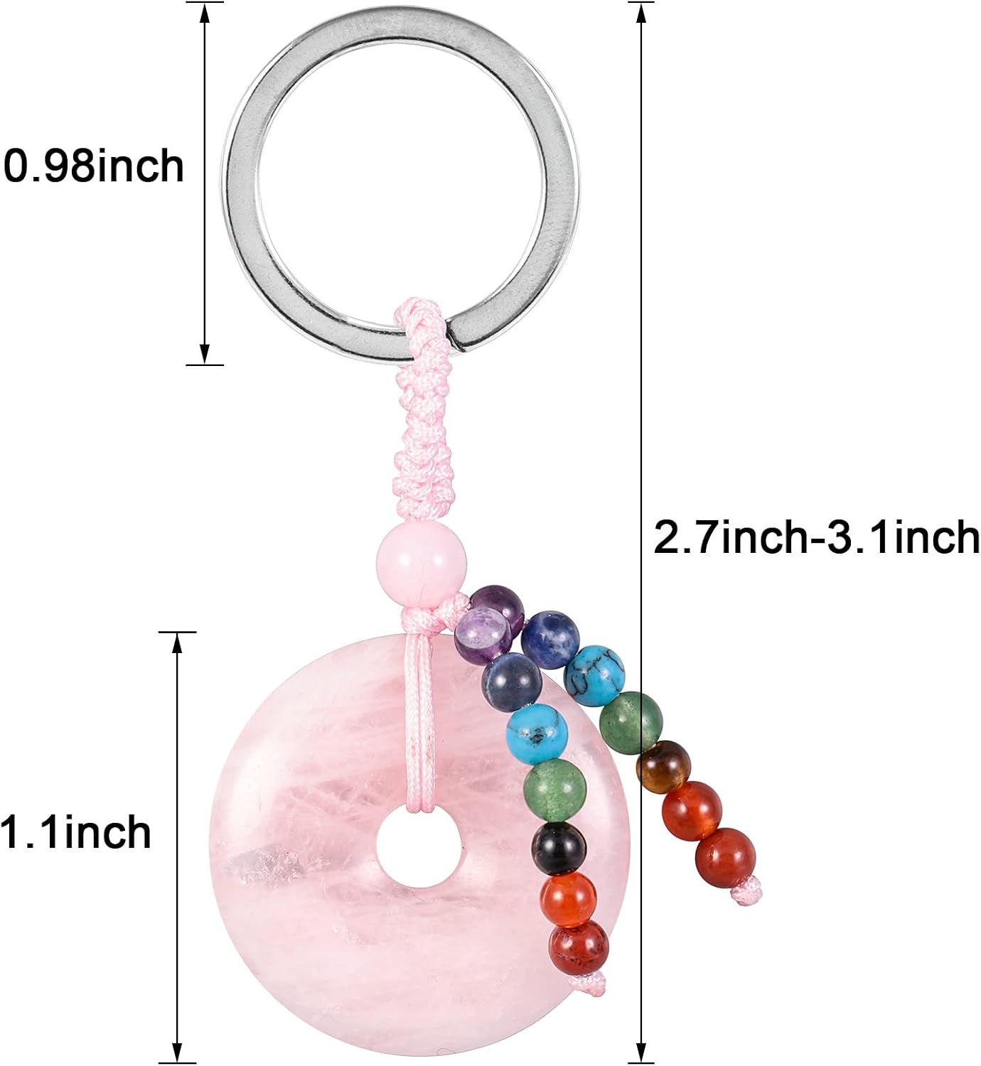 Peace Donut Crystal Key Chains with7 Chakra Reiki Crystal Beads Tassel Keyring for Women Couple Decor for Handbag Key Mothers’ Day Gift, Rose Quartz image 3