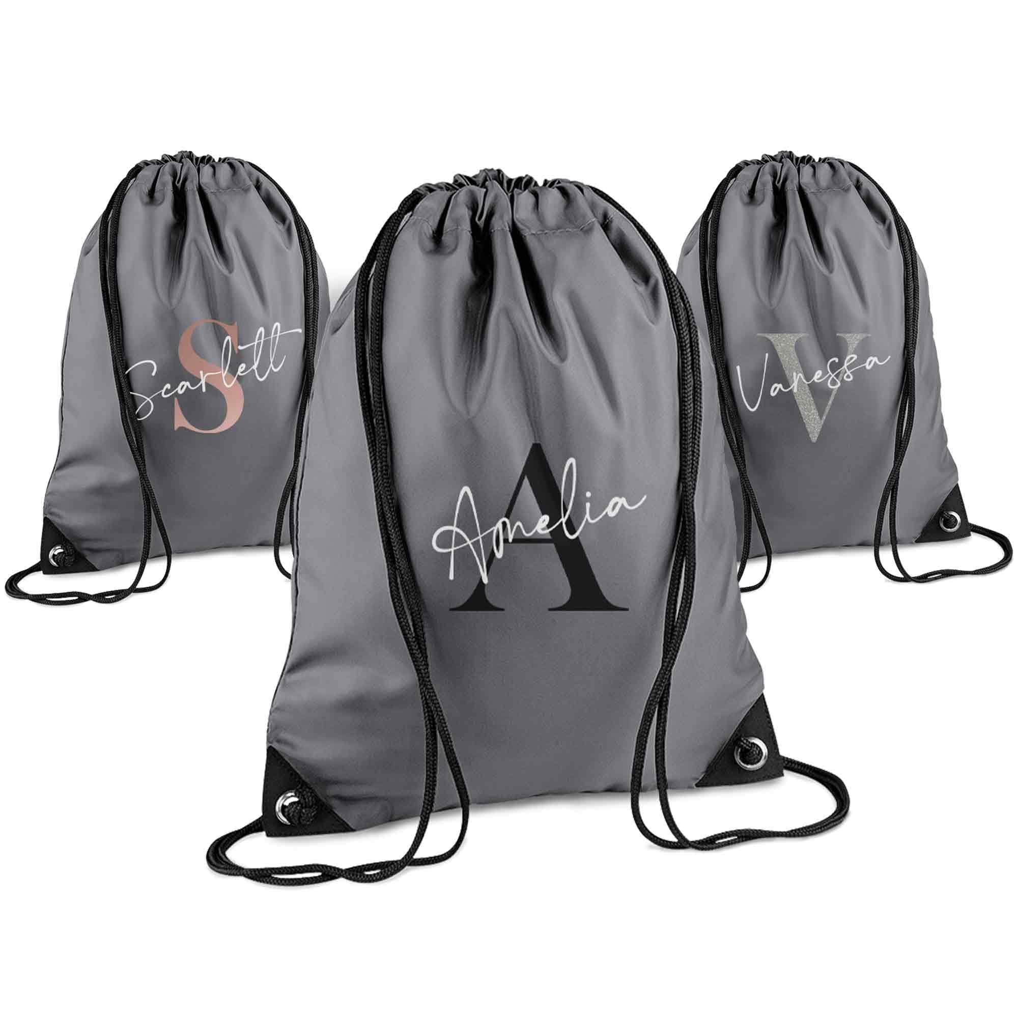 Print Maniacs Personalised Drawstring Bag for Kids Back to School PE Bag, Swim Bag with Name Ideal for Boys, Girls, Toddlers,and Primary School Students Perfect School Bag Graphite Grey