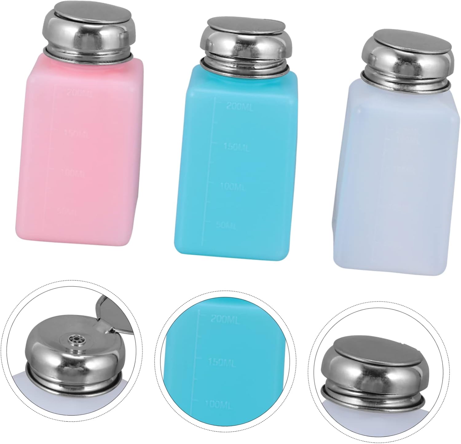 Stainless Steel Nail Polish Remover Bottle 3pcs 200ml Press Pumping Liquid Dispenser Push Down Nail Remover for Manicure Use for Salon and Home
