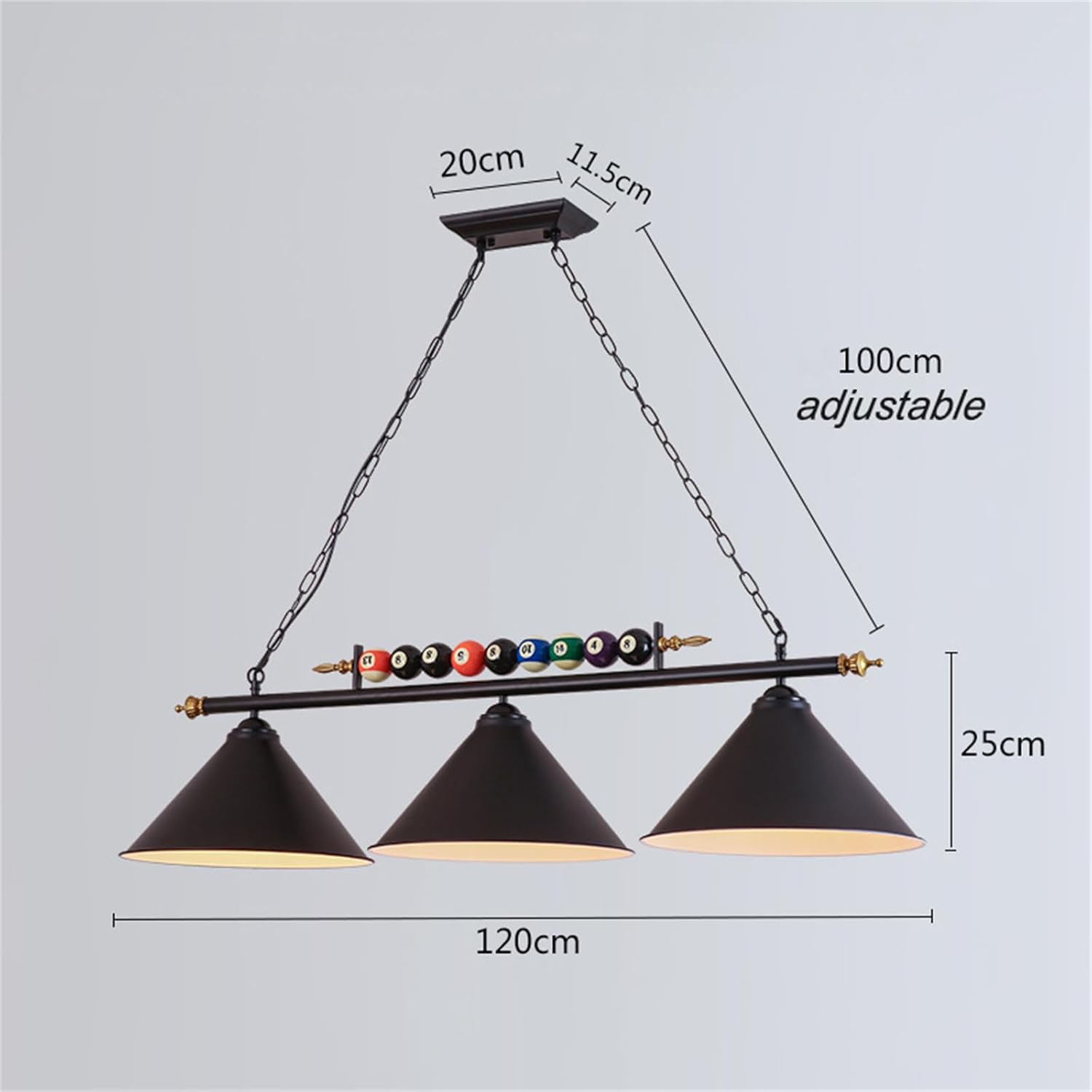 47" Billiard Pool Table Light, Hanging Pool Table Lamp, Pool Table Lighting with 3 Matte Metal Shades, for Billiards Room, Snooker Table, Diningroom, Kitchen Island