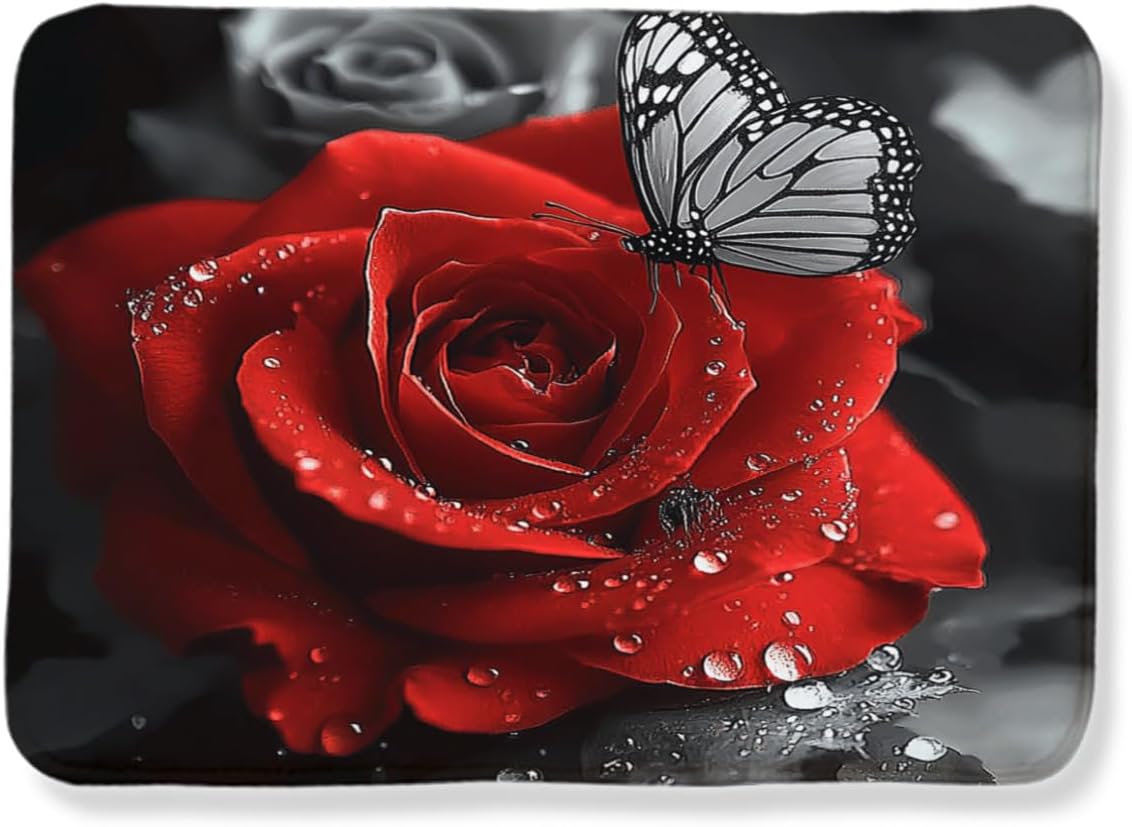 Red Rose Butterfly Carpet with Raindrops, Black and White red Romantic Valentine's Day Gift Elegant Floral Carpet, Soft and Comfortable Flannel Fabric Bedroom Bathroom Decoration 24x36inch