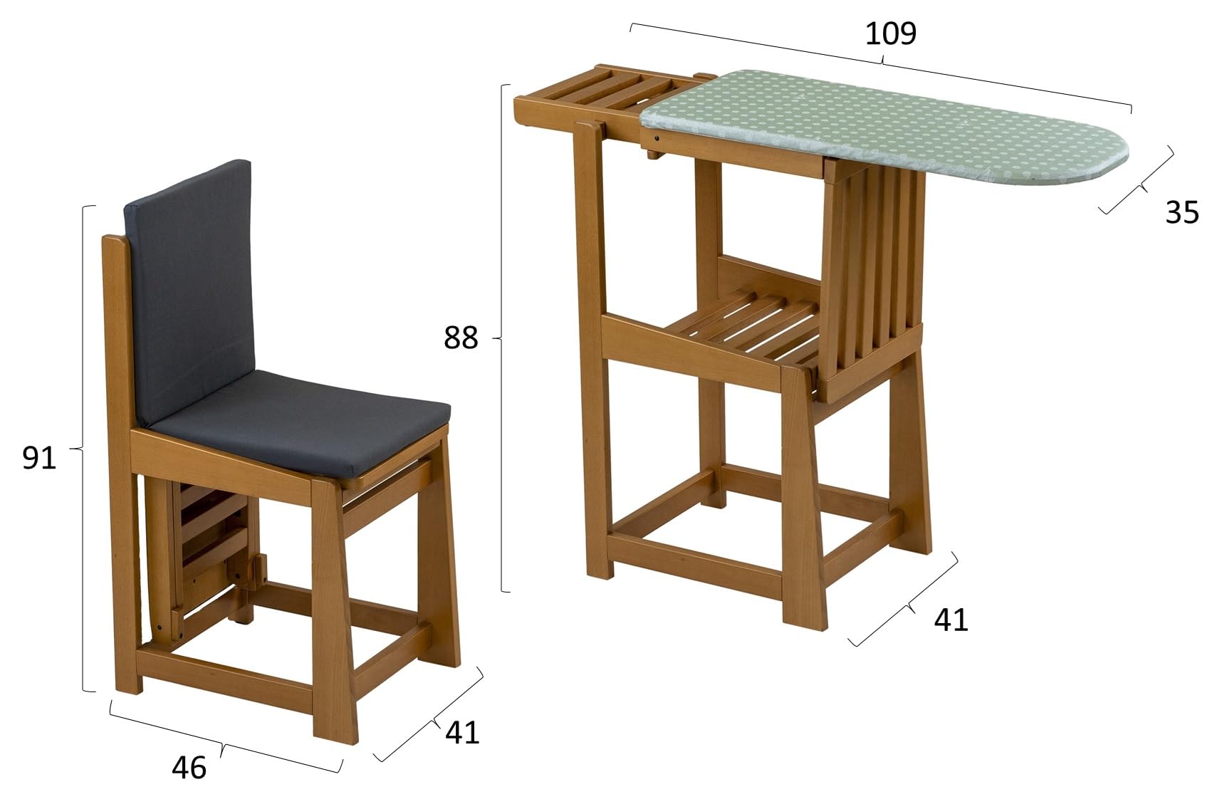 Tabla de planchar – Silla SINFONIA, mesa de planchar convertible con encimera de 81 x 35 cm y soporte para plancha, asiento 40 x 35 cm, cojín con respaldo, color cereza