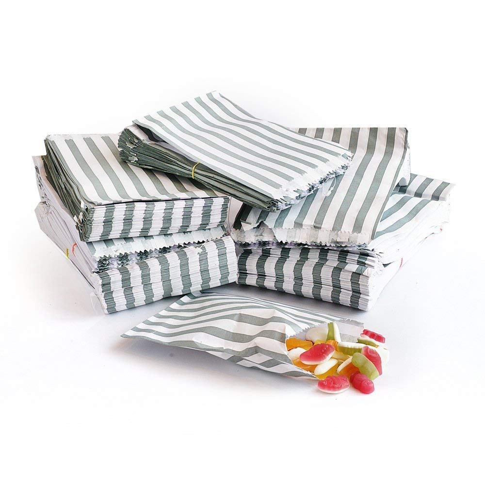 Bag It Plastics Candy Stripe Paper Sweet Bags | Silver | 7" x 9" / 175x225mm | Pack of 50 | Multipurpose Use for Sweets, Popcorn, Wedding Favours, Pick and Mix & Cookies!