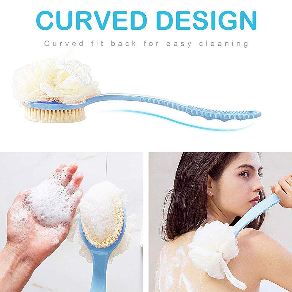 Jemei Back Scrubber Body Brush Loofah Dry Brushing Body Brush with handle for shower with Loofah, Bath Brush Mesh Sponge with Curved Handle for Men and Women, Pink, Blue 2