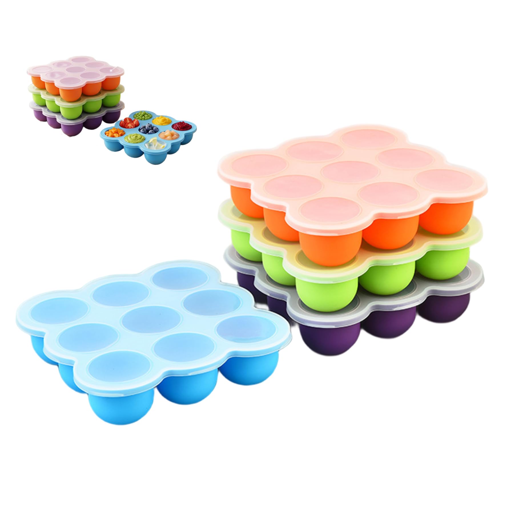 Vassoio per congelatore per alimenti per bambini, confezione da 4 vassoi per congelatore in silicone per alimenti per bambini con coperchi, stampo flessibile per cubetti di ghiaccio a 9 celle per pur