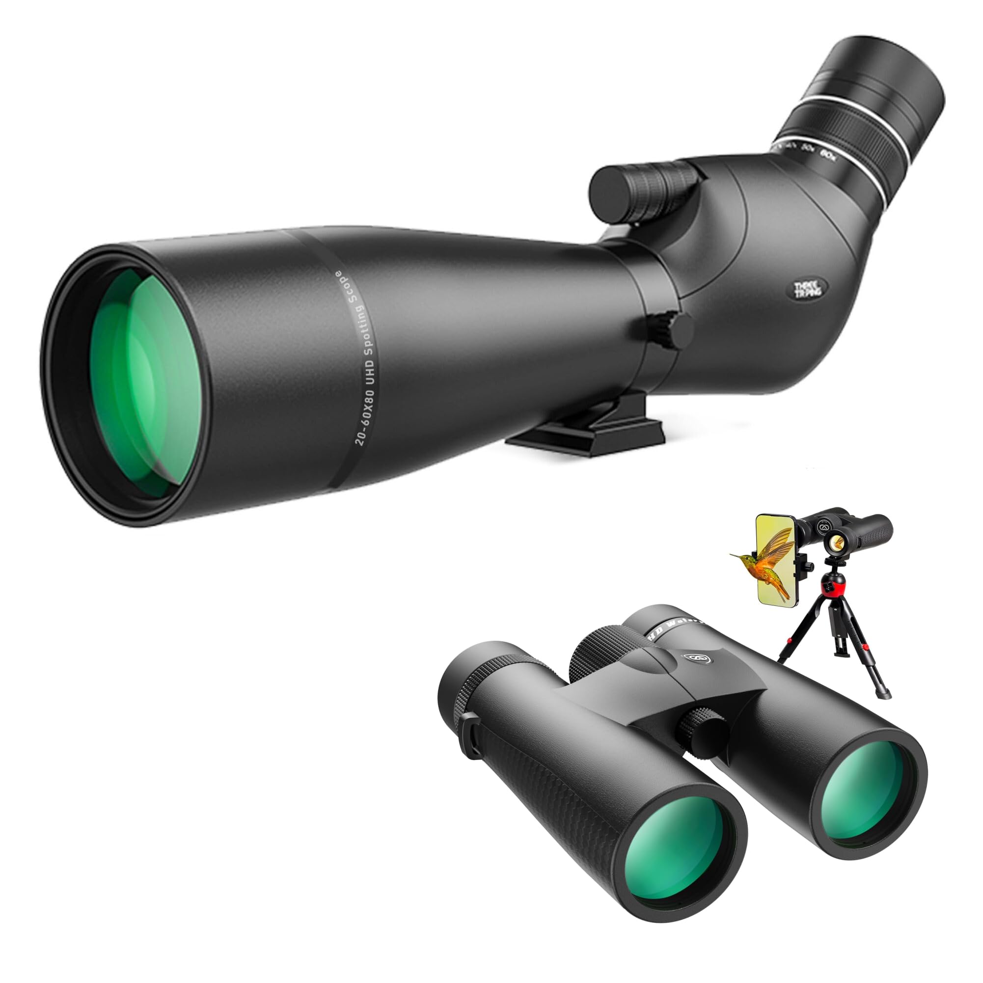 Three Triping Spotting Scope 20-60x80 with 10x42 HD Binoculars