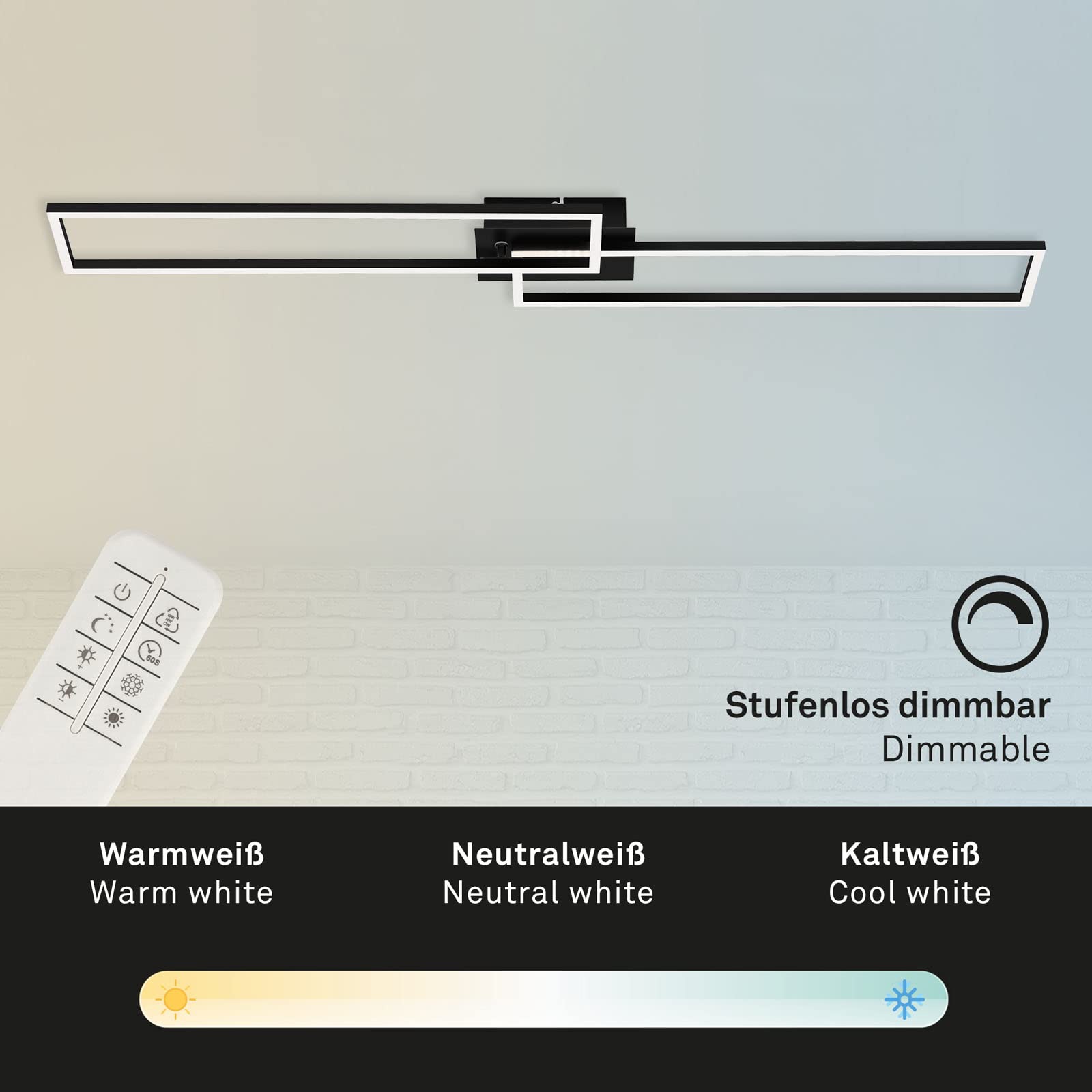 BRILONER - LED Deckenlampe mit Fernbedienung, dimmbar, einstellbar von warmweiß bis neutralweiß, LED Lampe, Deckenleuchte, Wohnzimmerlampe, Schlafzimmerlampe, Küchenlampe, 110x24,8x7,8 cm, Schwarz