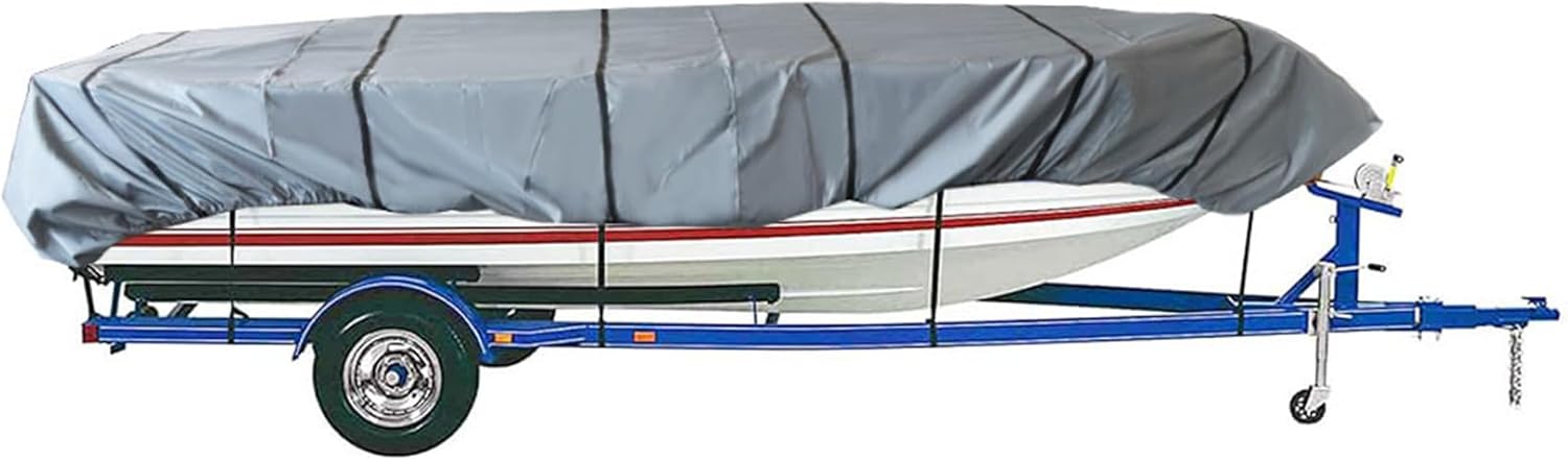 Silscvtt Grey 14ft Jon Boat Cover 210D Heavy Duty Trailerable Outdoor Boat Cover Replacement for Jon Boat 14ft Long Beam Width to 70