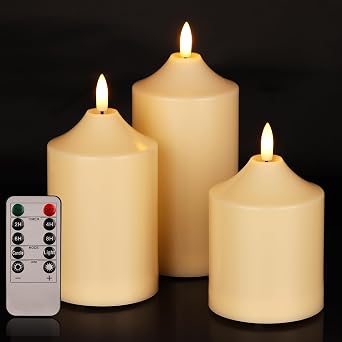 Flameless Candles Set of 3, Ivory LED Pillar Candles with Remote Timer