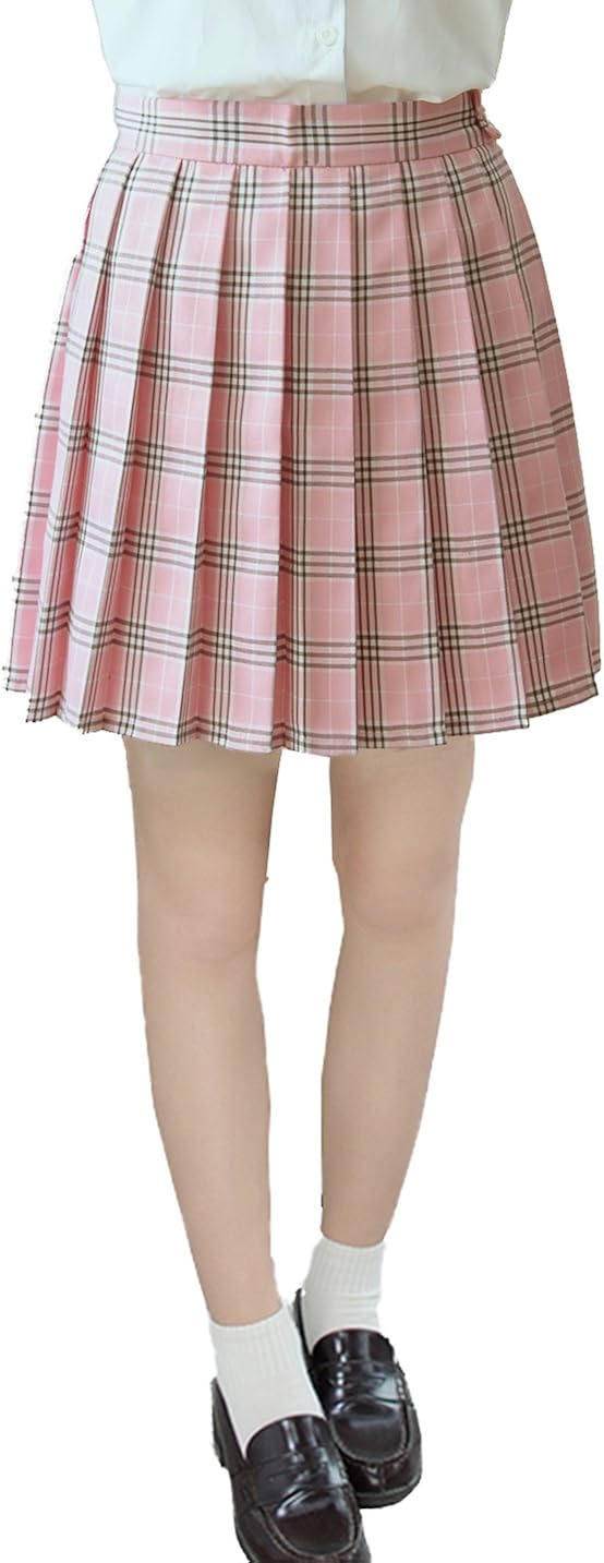 Beautifulfashionlife Women Girls Short Plaid Pleated Skirts Uniform Cosplay Costumes 2 Pink Mixed White