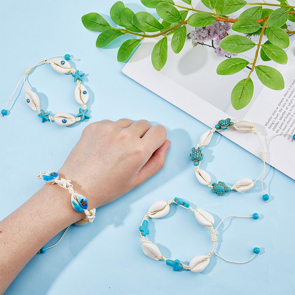 SUPERFINDINGS 4 estilos de pulseras de concha natural, 4 unidades, pulseras de conchas marinas tejidas a mano, pulseras ajustables de estrella de mar, pulseras de tobillo de mal de ojo, pulseras de
