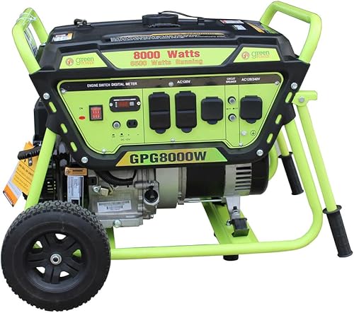 Green-Power America Generador de gasolina portátil de respaldo de 8000 W, arranque manual, con rueda y asas, salidas de carga de 12 V-8.3 A, cumple
