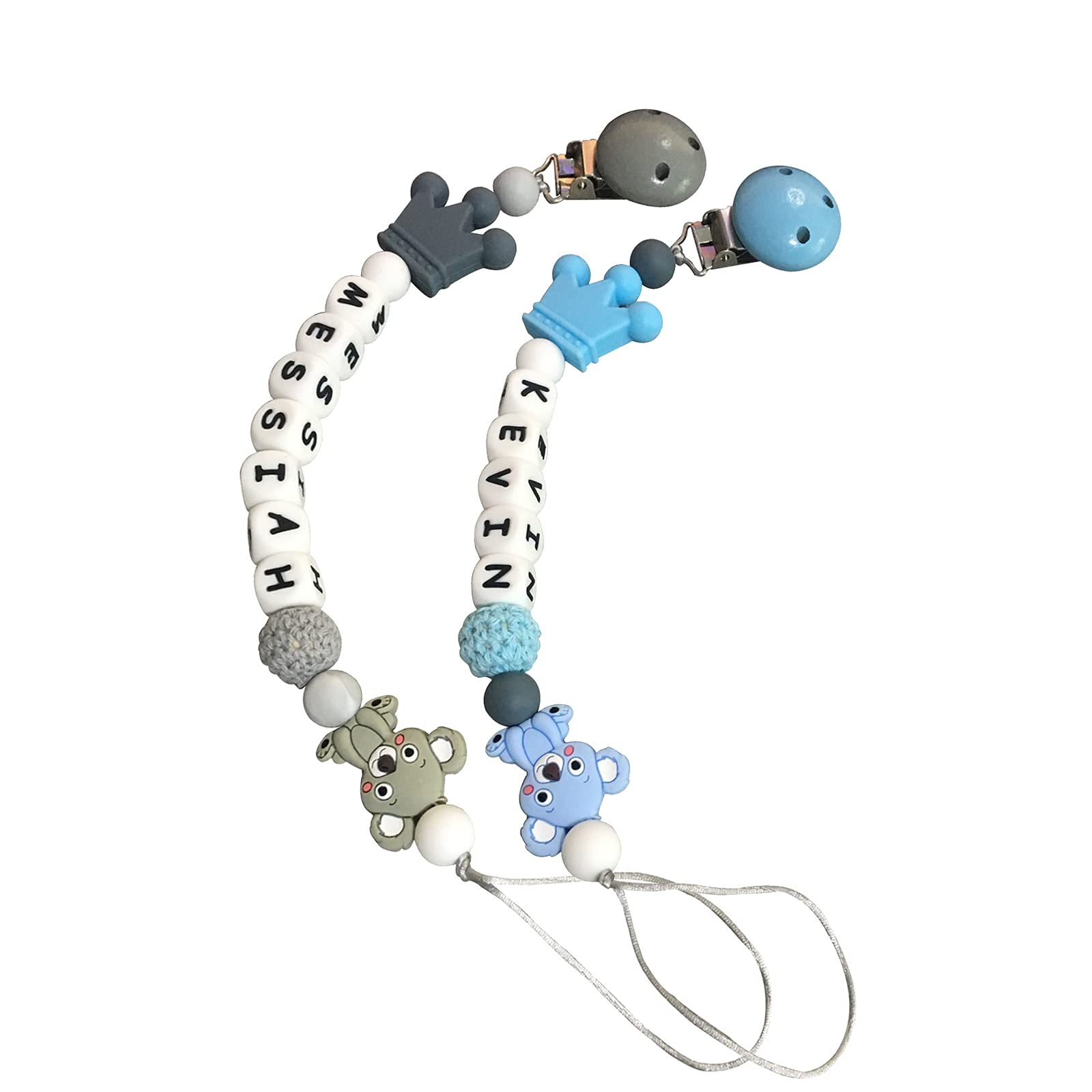 Dummy Clip Personalised Name Upalupa Baby Boys Binky Holder with Silicone Beads Lovey Koala Soothing Toys Customized Pacifier Holder Clip Great Gift for Infant Babies - 2 Pack