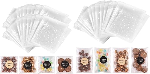 Paquete de 300 bolsas de celofán autosellantes para galletas, bolsas para regalo, bolsas transparentes con calcomanías (lunares blancos, 4 x 4 + 4 x