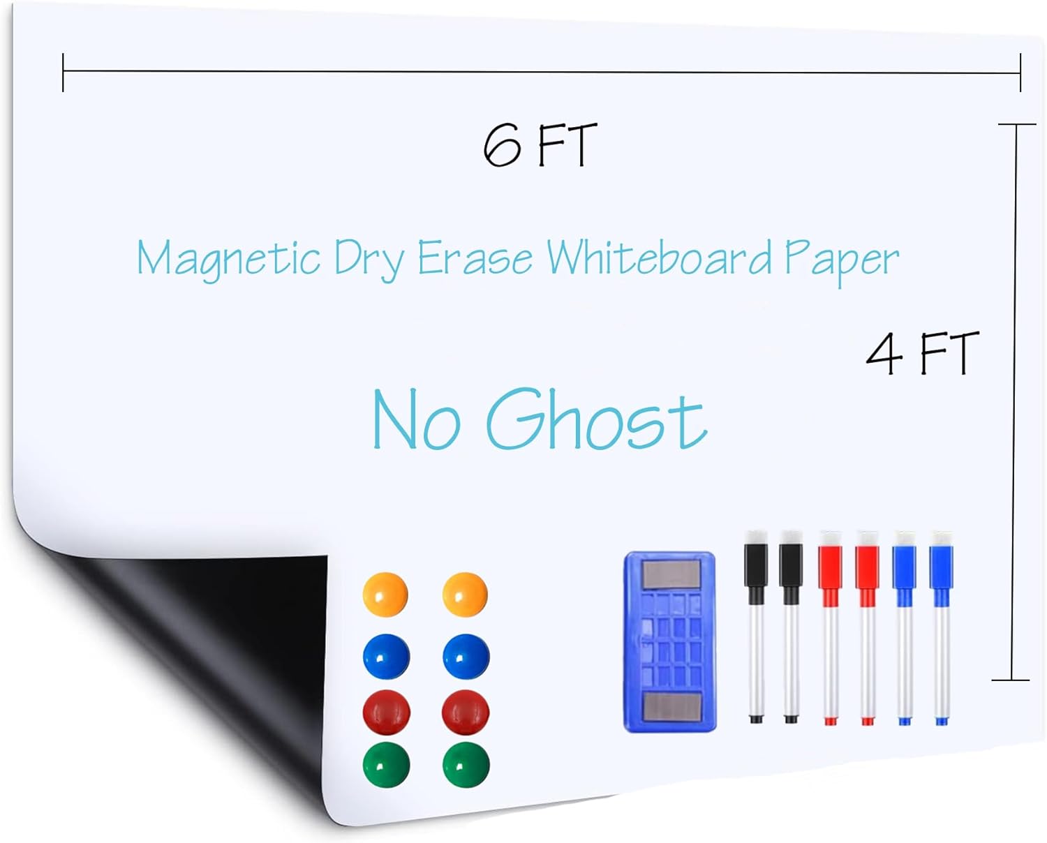 Takor Magnetic Whiteboard Paper, 48" x 71" Dry Erase Sheet, Self-Adhesive Backing, Stick Wallpaper Roll with Markers, Eraser and Magnets, Ideal for Home,Office,School(4x6ft)