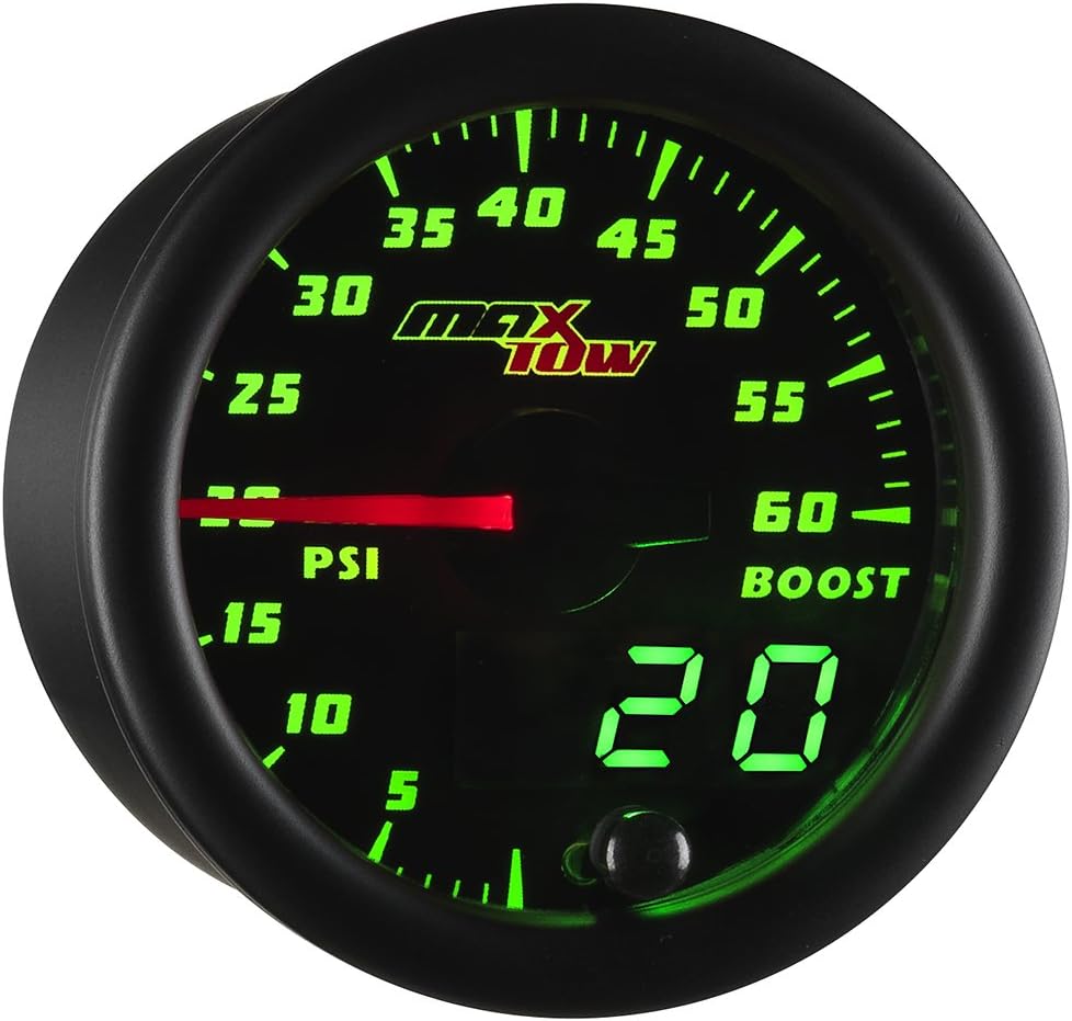 MaxTow Double Vision 60 PSI Turbo Boost Gauge Kit - Includes Electronic Pressure Sensor - Black Gauge Face - Green LED Illuminated Dial - Analog & Digital Readouts - for Diesel Trucks - 2-1/16" 52mm