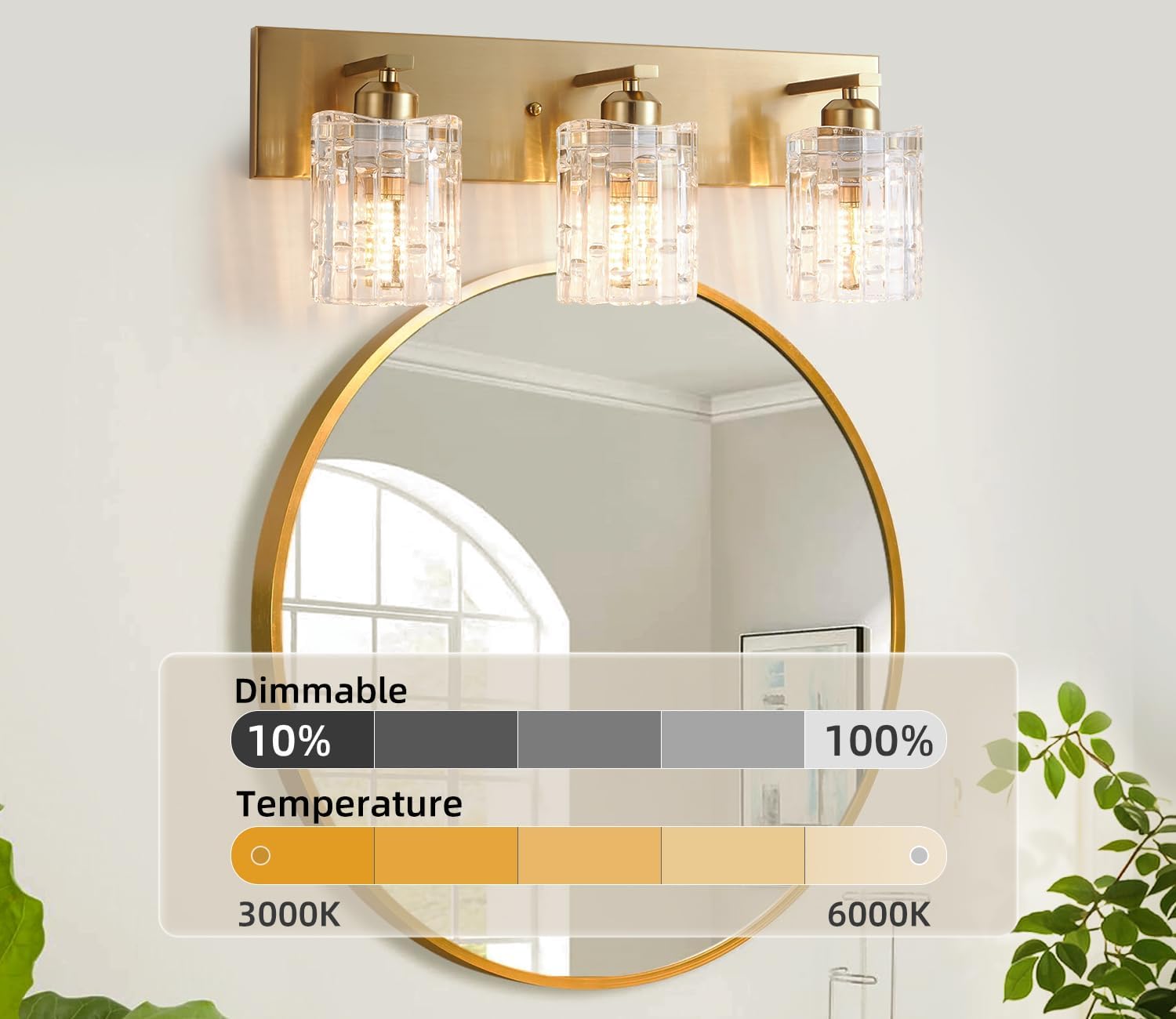 3 Lights Brushed Gold Crystal Bathroom Vanity Light,Modern Bathroom Wall Light,Crystal Over Mirror Light Fixtures for Living Room, Bedroom, Hallway