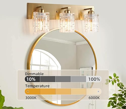 Miniatura 3 de SANKERFAN - 3 luces de cristal dorado cepillado para tocador de baño, moderna lámpara de pared de baño, lámparas de cristal sobre espejo para sala