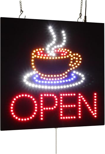 Open Coffee Cup Sign, 16"x16", 40x40cm, TOPKING, LED, Neon, Florescent, Signage, Signboard, Display, Billboard, Screen, Grand Opening, Gift