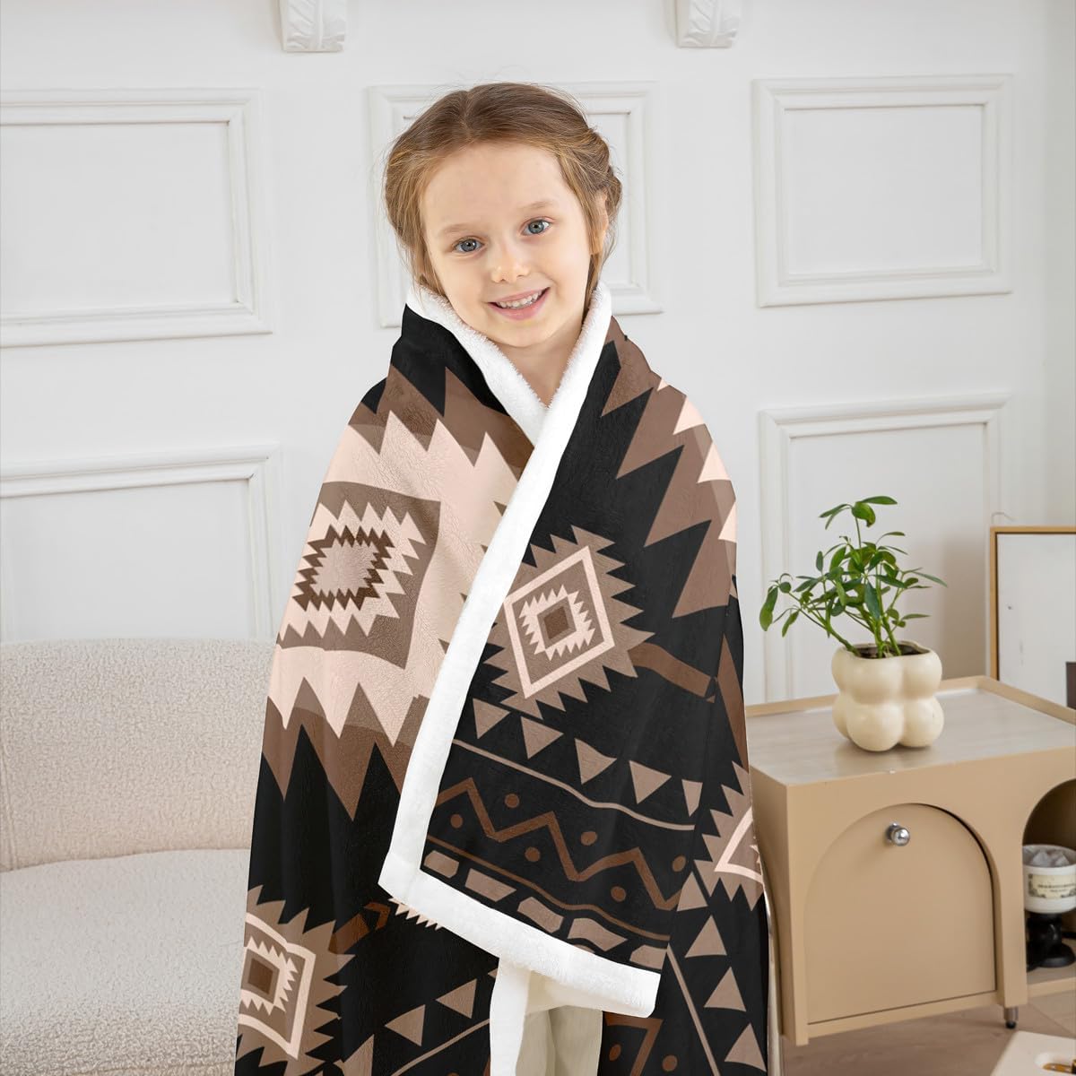jejeloiu Brown Black Western Fleece Throw Blanket Southwestern Aztec Blanket Tribal Native American Indian Sherpa Blanket Plush Fuzzy 50"x60"