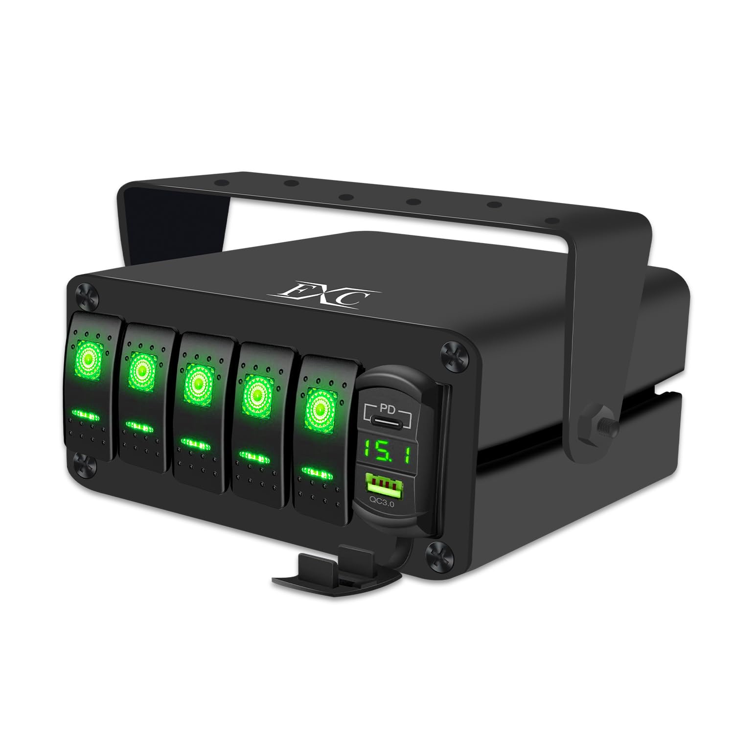 FXC 5 Gang Aluminum Rocker Switch Panel Green Backlit with PD Type C and QC 3.0 USB Charger Voltmeter Waterproof 12V 24V DC Rocker Switch Box for Car
