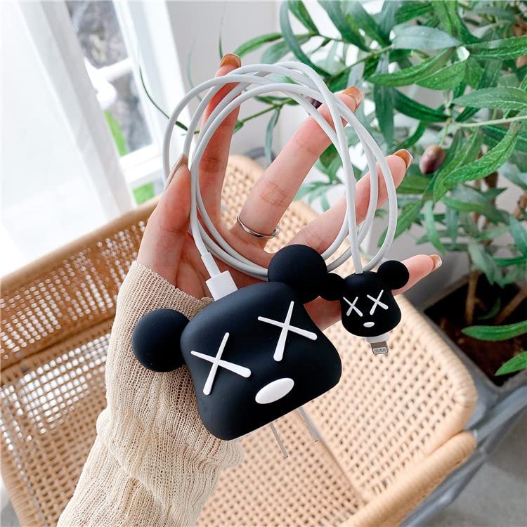 Grippie Cute Cartoon for iOS 20W USB-C Power Adapter Charger 3D Cute Cartoon Designs Protective Case,Cute Cartoon Lightning Cable Protector Cover for iOS Charger (Black KAWS)-image-21