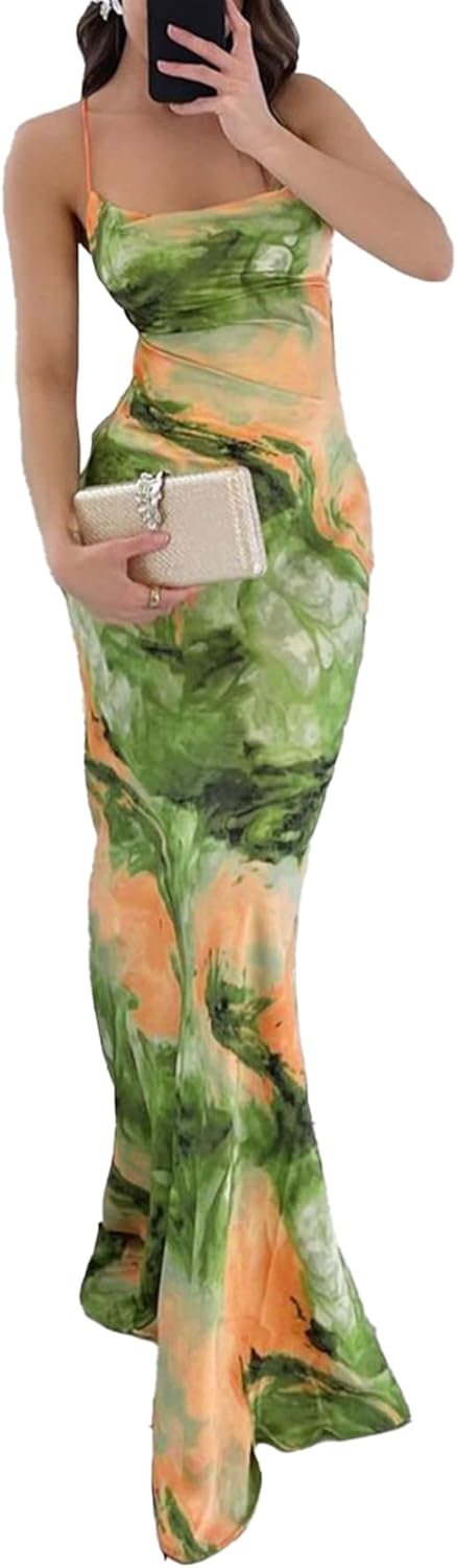 Women Floral Print Maxi Dress Sexy Backless Spaghetti Strap Party Long Dresses Summer Bodycon Cocktail Dress