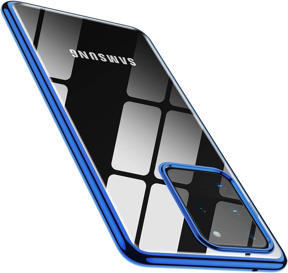 OULUOQI Compatible with Galaxy S20 Ultra case 6.9 inch, Crystal Clear Back and Flashy Blue Edge Soft TPU Case for Galaxy S20 Ultra, Glossy Blue