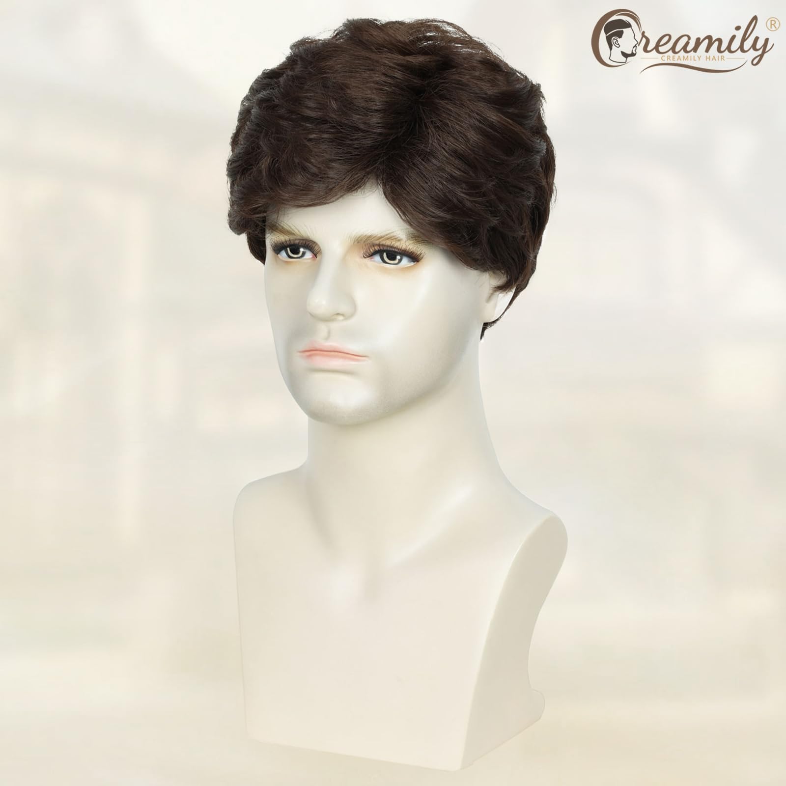 Creamily Mens Short Brown Wigs Short Hair Wig Mens Wigs Short Straight Hair Wig Synthetic Hair Full Wig, Brown-1, 22 inches - Image 4