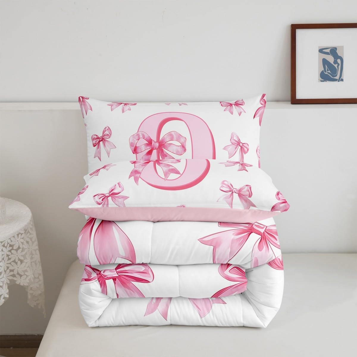 Erosebridal Dreamy Princess Bowknot Girls Toddler Bedding Set Kids Pink Initial Letter O Bedding Comforter Sets Cute Kawaii Letter Bow Comforter Set Romantic Chic Bowknot Quilt Duvet 2 Pcs