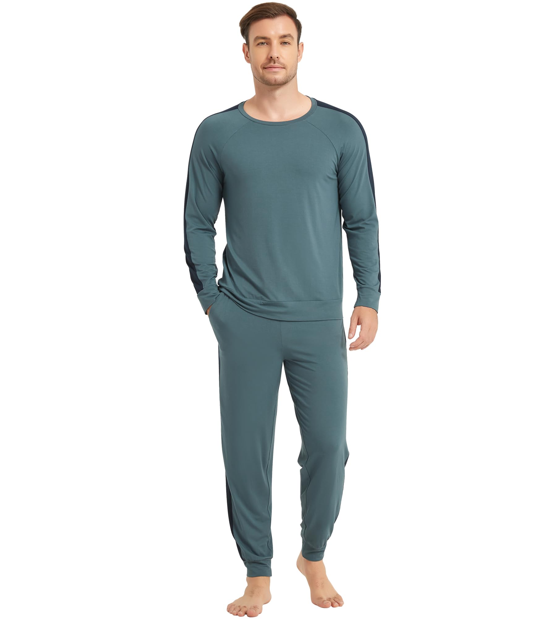 NACHILA Men's Pajamas-Viscose Made from Bamboo, Long Sleeve Pjs and Jogger Pants Pajama Sets Crew Neck Sleepwear with Pockets