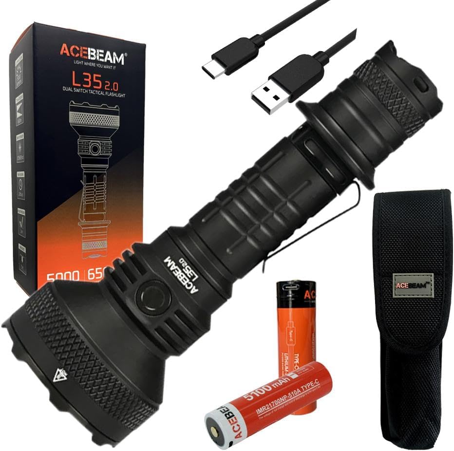 ACEBEAM L35 2.0 Flashlight Black C-ree XHP70.3 HI LED w/Extra Battery and Eco Sensa USB C Charging Cable Included, L3520-Blk-XtraBatter