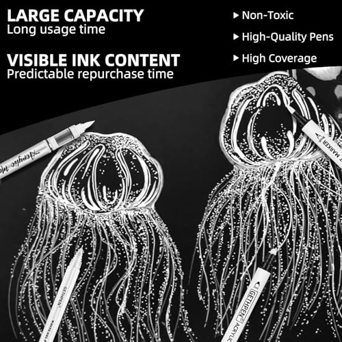 Image of GETHPEN White Pens Set, White Gel Pens, Dual-Tip Acrylic Paint Pen, 7 Pack | 06 /08 /10mm Opaque Gel Ink Pen Brush Tip Acrylic Markers for Drawing, Sketching, Illustration, Card Making, Bullet Journaling