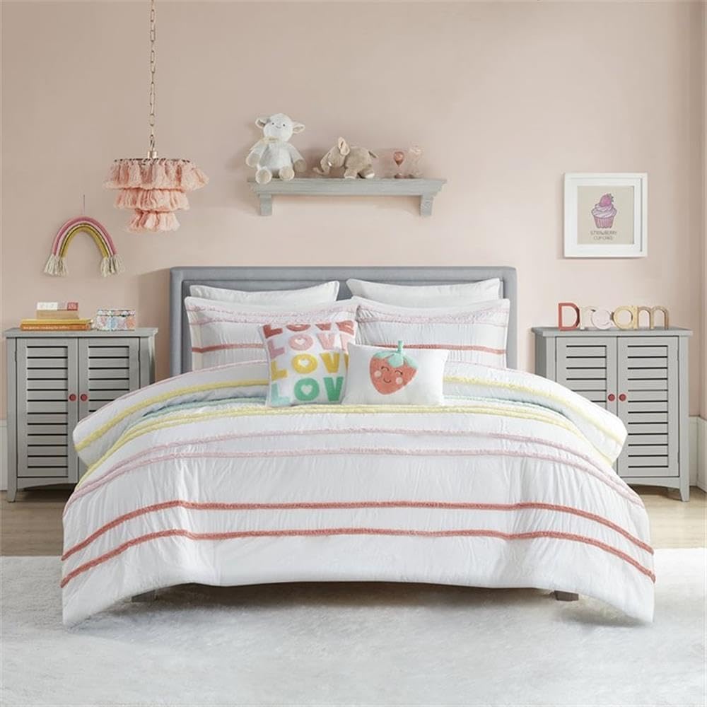 Pemberly Row Cotton Printed Reversible Twin Duvet Cover Set, Pink Finish, Multi-Color Chenille Trim, 68 x 88 in Duvet Cover, Includes 1 Sham, 2 Decorative Pillows, Machine Washable Bedding for Kids