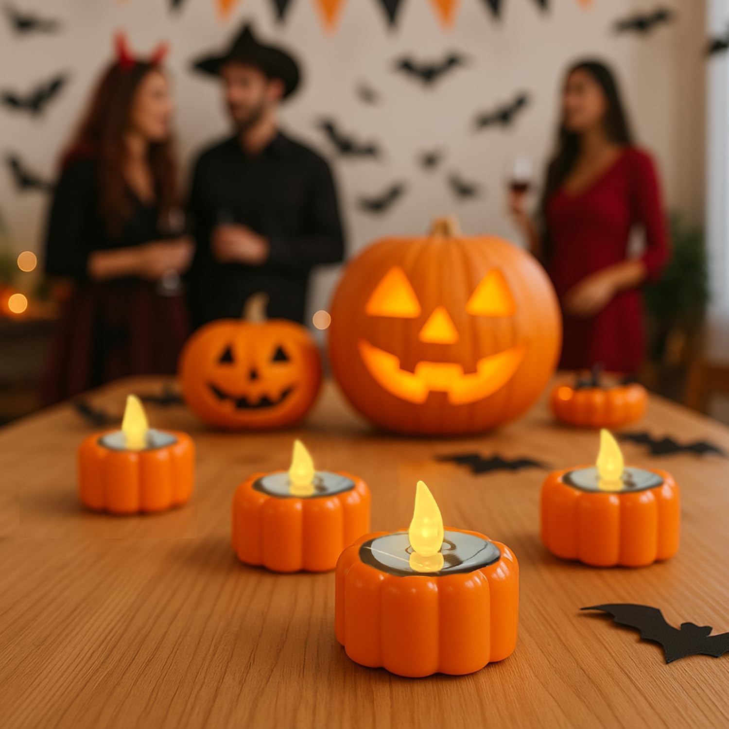 6PCS Orange Solar Pumpkin Tea Lights Outdoor Candle,Autumn Flameless Candles Battery Operated IP44 Waterproof Reusable for Halloween Christmas Party,Fall Garden Camping Home Decor