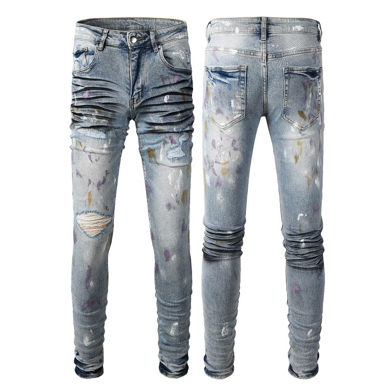 Mens Knee Destroyed Jeans Skinny Stretch Slim Distressed Ripped Strip Cat Whiskers Wrinkled Graffiti Paint Pants