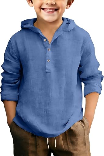 Linen Hooded Tops Shirts for Boys Button Down Henley Shirt Teens Lightweight Hoodie Kids Summer Casual Beach Outfits
